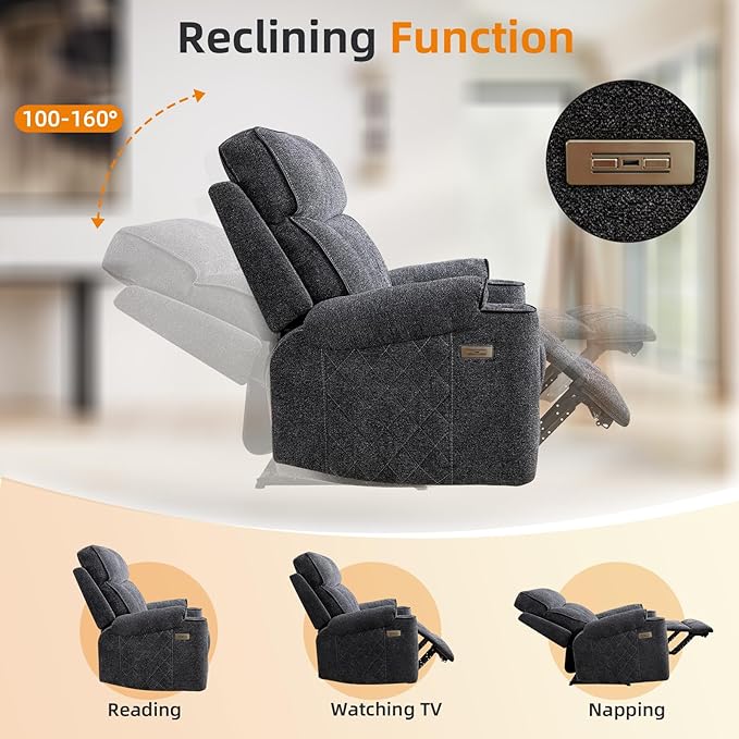 EBELLO Power Recliner Chair, Electric Fabric Reclining Sofa with Cup Holders, USB Charging Ports, for Living Room, Bedroom and Meeting Room, Grey