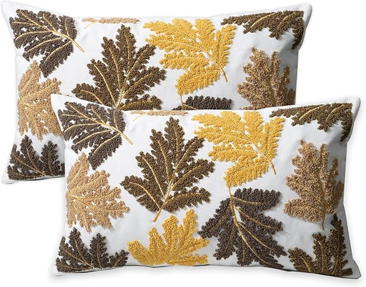 Set of 2 Embroidered Decorative Throw Pillow Covers Couch Square Pillowcases Cushion for Bedroom Sofa Farmhouse Decor 18x18 Inch (Yellow Maple Leaf-Lumbar)