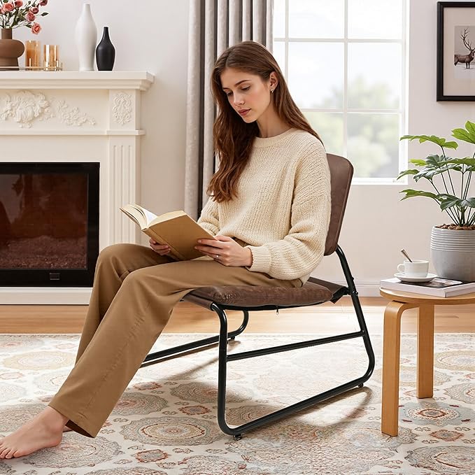 DAICO Modern Accent Chair Waterproof Armless Sling Accent Chairs Comfy Upholstered Side Sitting Chairs with Metal Frame for Living Room Bedroom Balcony Garden, Faux Leather, Brown
