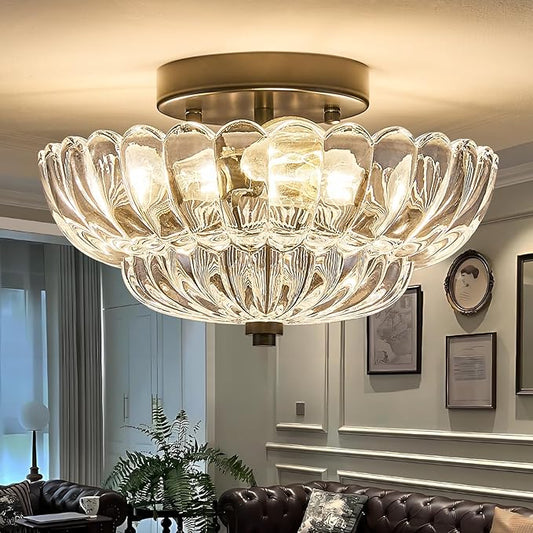 3-Lights Mid Century Modern Vintage Semi Flush Mount Ceiling Light Fixture,Black Surface Treatment,Clear Flower Glass,for Hallway Bedroom Bathroom Foyer Closet Entryway Laundry Room(11.81 in)