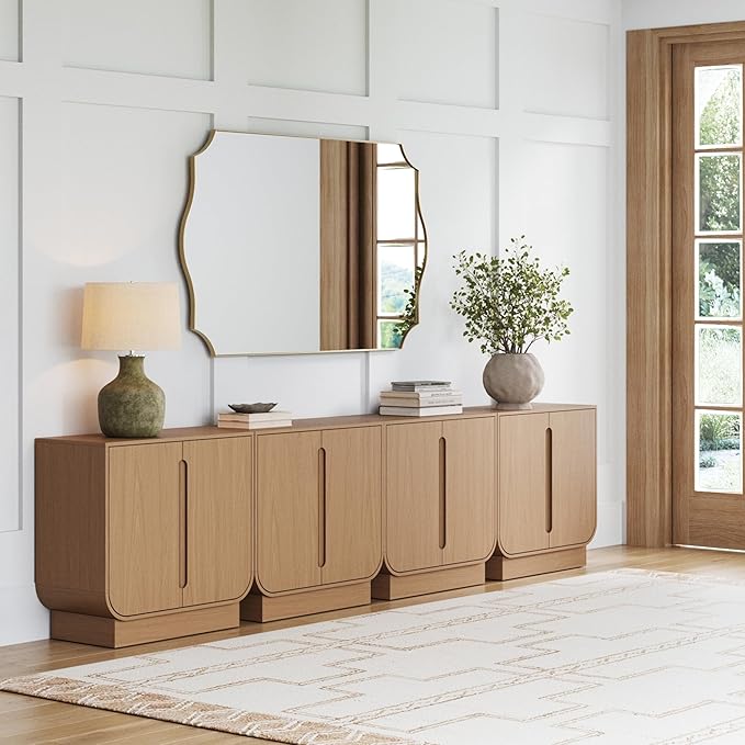 Nathan James Joey Mid Century Modern Storage Cabinet, Arched Accent Cabinet with Rounded Bottom Edges and Integrated Door Pull Cutouts, Raw Oak Set of 4