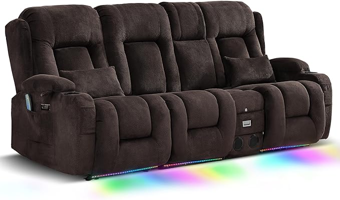 TUNYI Wall Hugger Loveseat Recliner Sofa with Console, Power Reclining Loveseat RV Couch with Massage & Heat/USB/Outlet/Storage/LED Light/Speaker (Brown, 4 Seat)