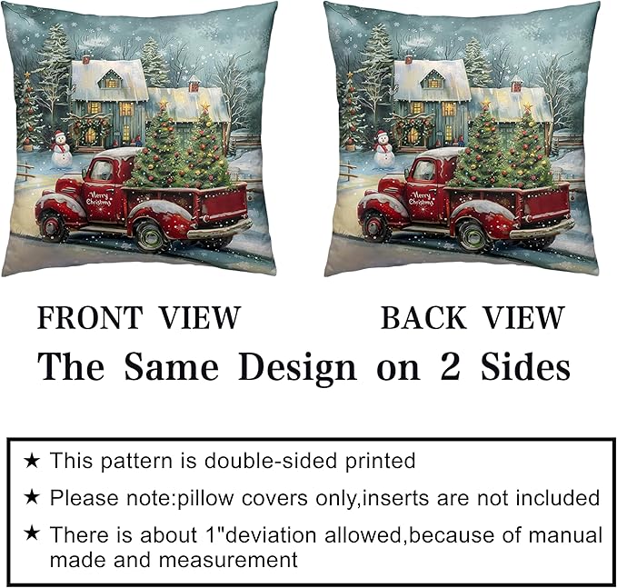 Red Truck Christmas Pillow Covers 22x22 Set of 2 Merry Christmas Pillow Case for Winter Holiday Decorations Couch Bedroom Xmas Tree Cabin Snowman Cushion Case