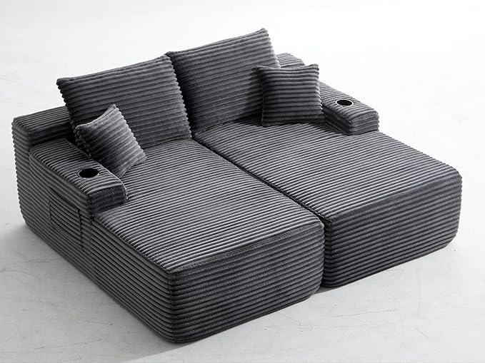 69-Inch Fluffy Corduroy Boneless Sleeper Daybed Loveseat Double Recliner Chaise Lounge Sofa Couches, Floor Cloud Sofa Chaise W/4 Pillows for Home Apartment Living Room