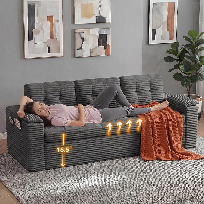 83" Boneless Couch, 3 Seater Cloud Corduroy Sofa in a Box with Deep Tufted Cushions, Zero Assembly, Removable Washable Cover, Family-Friendly Living Room Couch, Dark Grey