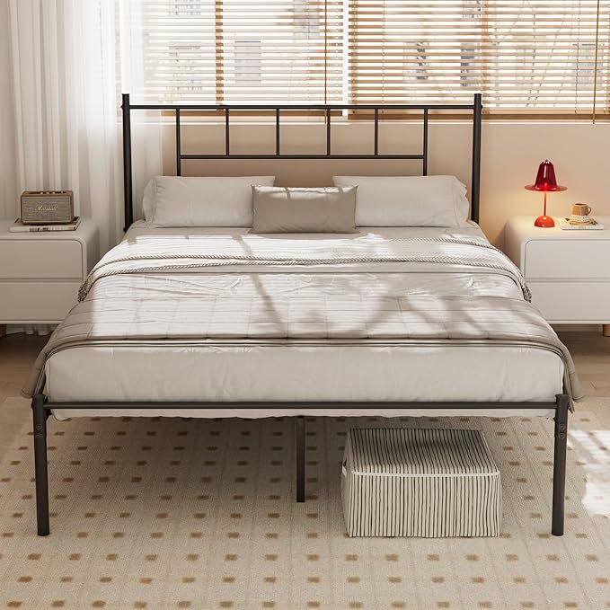 VECELO Queen Metal Platform Bed Frame with Headboard, Heavy Duty Steel Slat Support, Under Bed Storage,No Box Spring Needed, Easy Assembly