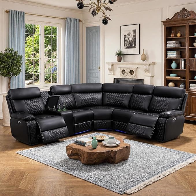 Power Reclining Sectional Sofa, 5 Seat Sectional Couch with Recliners, Breathing Leather Sectional with 2 Recliners,USB Charging Ports, Cup Holders, LED Light Strip, Living Room Furniture Set | Breathable material, LED Lighting