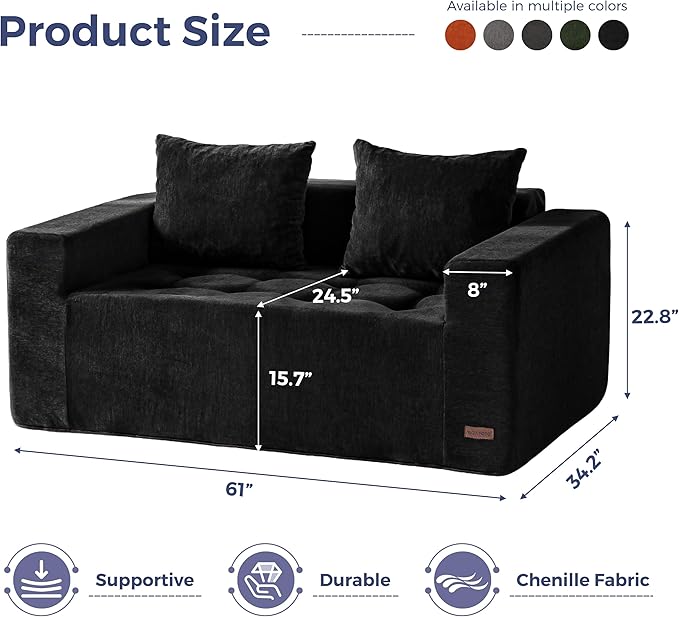 MAXYOYO Modular Sofa Couch, 61" Loveseat Boneless Cloud Couch with Deep Seat, Chenille Upholstered Living Room Sleeper Sofa Chair for Living Room, No Assembly Required, Black