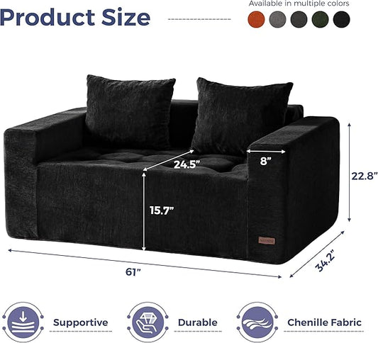 MAXYOYO Modular Sofa Couch, 61" Loveseat Boneless Cloud Couch with Deep Seat, Chenille Upholstered Living Room Sleeper Sofa Chair for Living Room, No Assembly Required, Black