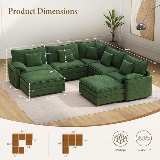 Vesgantti 101" V-Shaped Corner Couch Sectional, 7 Seat Customizable Modular Cloud Couches with Movable Ottoman, Chenille Deep Seat Sofa Set with Chaise for Living Room, Bedroom and Apartment, Green | Sink-in Comfort, Height Adjustable, Easy Rearrangeme...