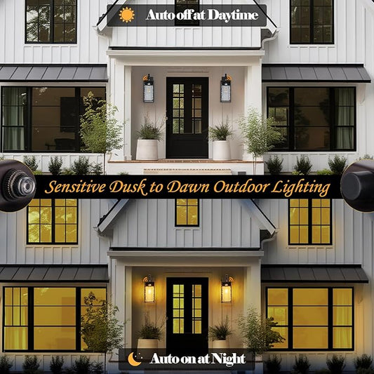 Dusk to Dawn Outdoor Light Fixtures Oil Rubbed Bronze 2-Pack, Water Ripple Glass Vintage Brown Exterior Lantern Lights with Photocell Sensor IP65 Waterproof Coach Carriage Lights, E26