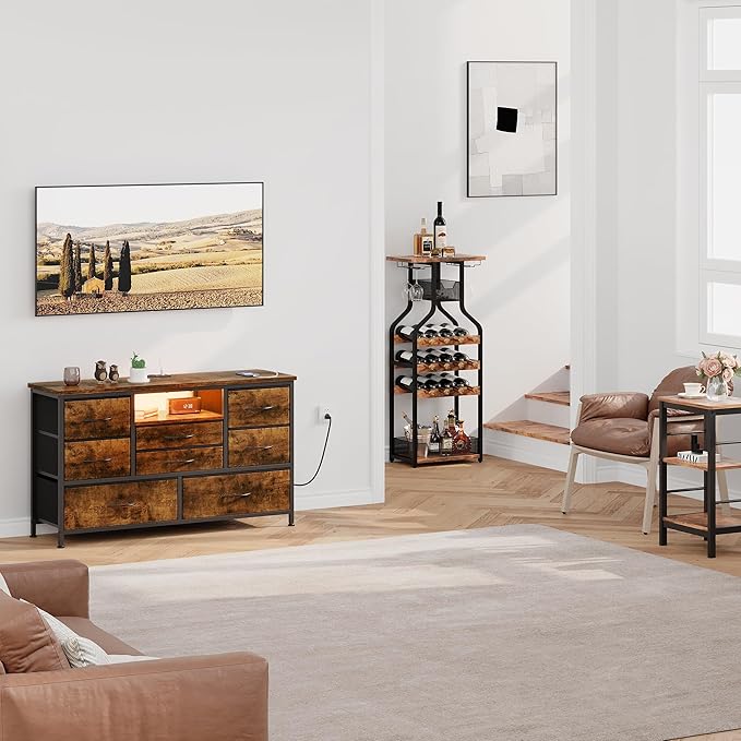 Jojoka 8-Drawer LED Dresser TV Stand with Power Outlet for 55'' TV - Wide Storage Chest for Bedroom, Living Room & Entryway, Wood Top Console Table with 22 Light Modes