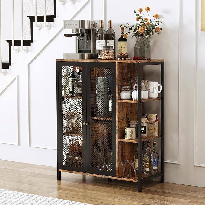 Coffee Bar Cabinet with Storage, Liquor Cabinet Bar with 2 Visible Doors, Small Coffee Station Cabinets, Farmhouse Industrial Buffet Sideboard Cabinets for Home Kitchen, Dining Room, Living Room