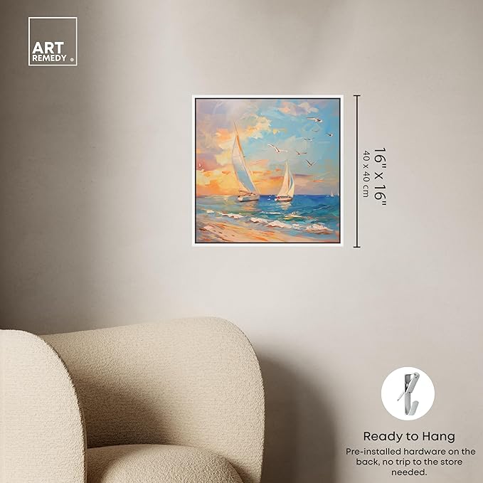 Art Remedy Sailboats In The Sunset Framed Sailing 1 Piece Canvas Wall Art, 17" x 17", White Frame