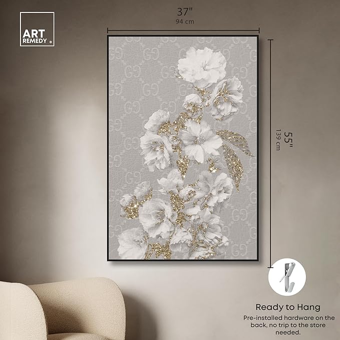 Art Remedy Floral in Classic Fashion Canvas Delicate Farmhouse Wall Art, Black Frame, 36" x 54"