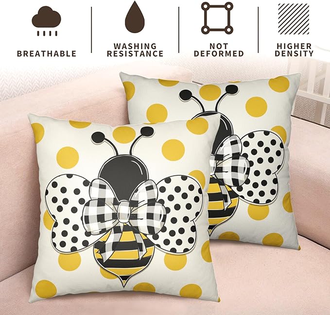 Summer Bumblebee Throw Pillow Covers 18x18 Set of 2 Polka Dot Bee Decorative Pillow Cases Yellow Honeybee Outdoor Farmhouse Cushion Cover for Home Couch Sofa Decor