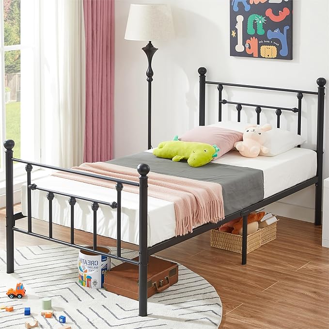 Twin Size Metal Platform Bed Frame with Headboard and Footboard, Heavy Duty Slat Support/No Box Spring Needed Mattress Foundation/Underbed Storage Space