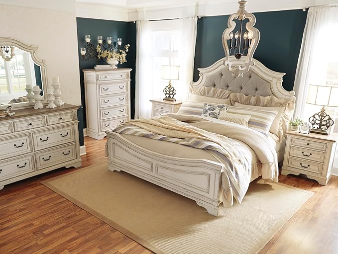 Signature Design by Ashley Realyn Vintage Smooth-Gliding 7-Drawer Dresser and Mirror with Safety Stop, White & Light Brown