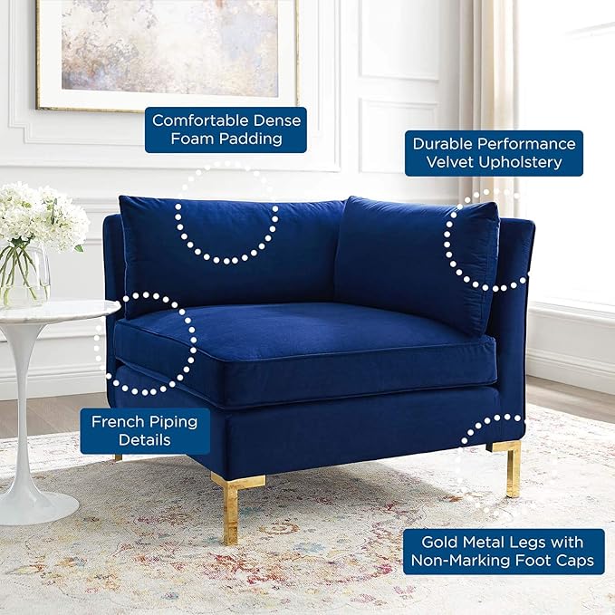 Modway Ardent Performance Velvet Sectional Sofa Corner Chair, Navy