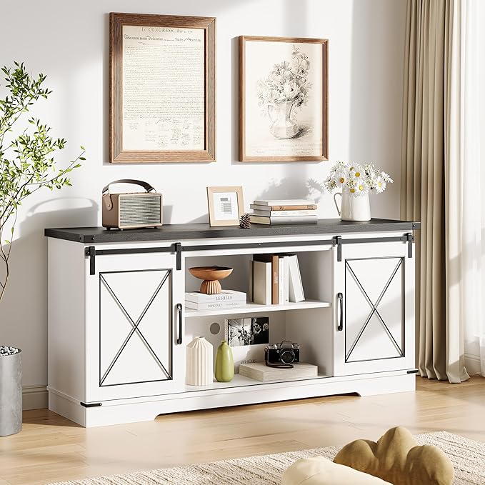 GarveeHome Farmhouse TV Stand for TV up to 65 in and Entertainment Center with Sliding Barn Doors and Adjustable Shelf, Tv Media Console Table with Storage Cabinet for Living Room, Bedroom, White