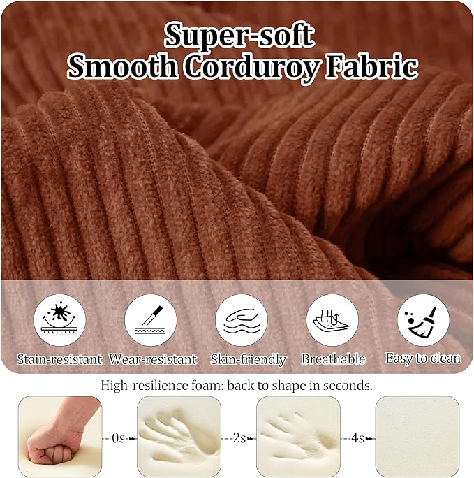 59'' Convertible Compressed Corduroy Folding Cloud Sofa Bed, Modern Boneless Pull Out Loveseat Sleeper in a Box, 4 in 1 Floor Mattress Futon Cloud Couch, No Assembly Needed, Orange, 2 Pillows, Queen