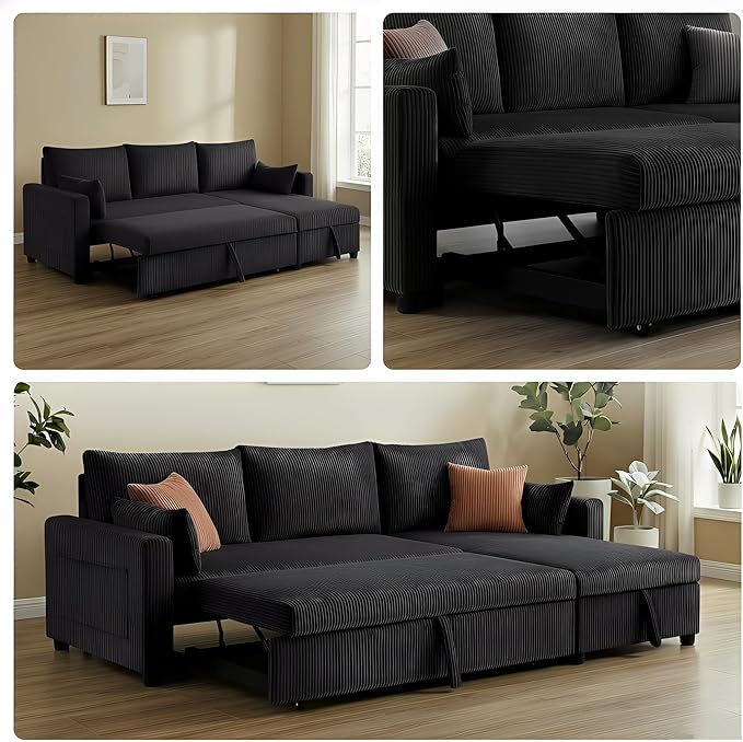 Sectional Sleeper Sofa with Pull Out Bed, L Shape Convertible Sofa Bed Couch with Storage Chaise, 3 in 1 Pull Out Sofa Bed with 3 Seats for Living Room,Apartment, Black, 85Inch