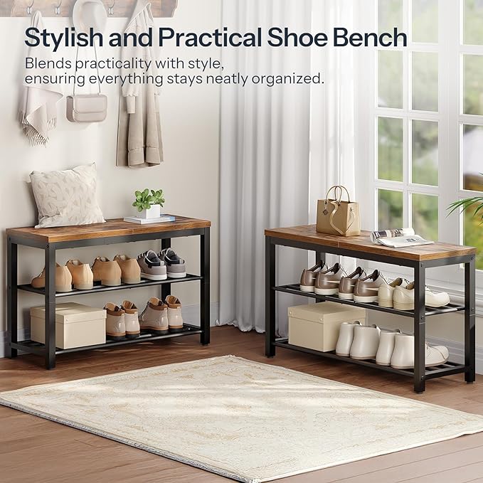 HOOBRO Shoe Bench, 3-Tier Shoe Rack, Industrial Shoe Organizer Storage Bench with Wooden Top, Holds Up to 300 lb, 11.2 x 29.5 x 19.1 Inches, for Entryway, Bedroom, Rustic Brown and Black BF76HX01