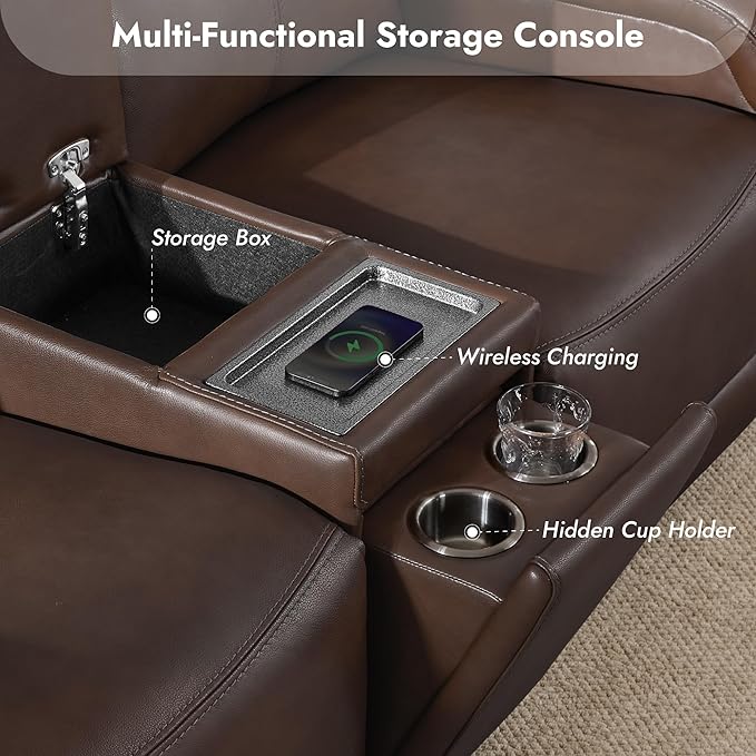 Watson & Whitely Genuine Leather Power Loveseat Recliner Sofa, Zero Gravity Reclining Sofa with Console, Power Headrest & Wireless Charging, Cup Holder, 2-Seater Recliner for Living Room, Dark Brown
