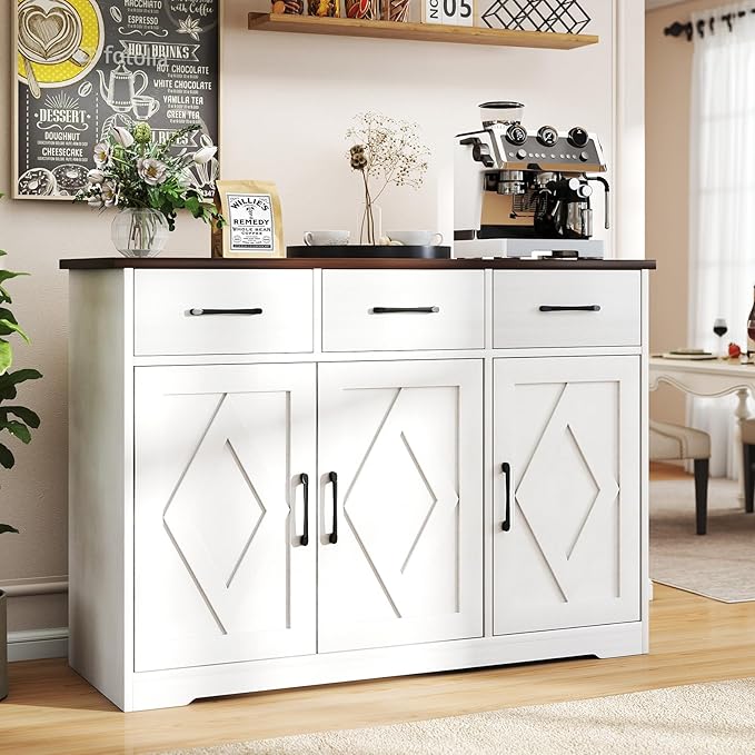 Modern Farmhouse Sideboard, White Wooden Buffet Cabinet with 3 Drawers & Adjustable Shelves for Kitchen, Living Room, Entryway, Coffee Bar