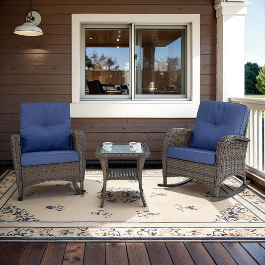 Belord Wicker Porch Rocking Chairs - 3 Pieces Patio Bistro Set High Back Outdoor Rocker Chairs Set with Side Table for Deck Balcony Brown