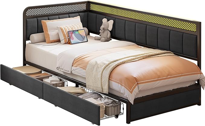 LIKIMIO Twin XL Corner Bed Frame with Storage Drawers and Charging Station, Modern Twin XL Daybed with LED Lights and Upholstered Guardrail, Gray