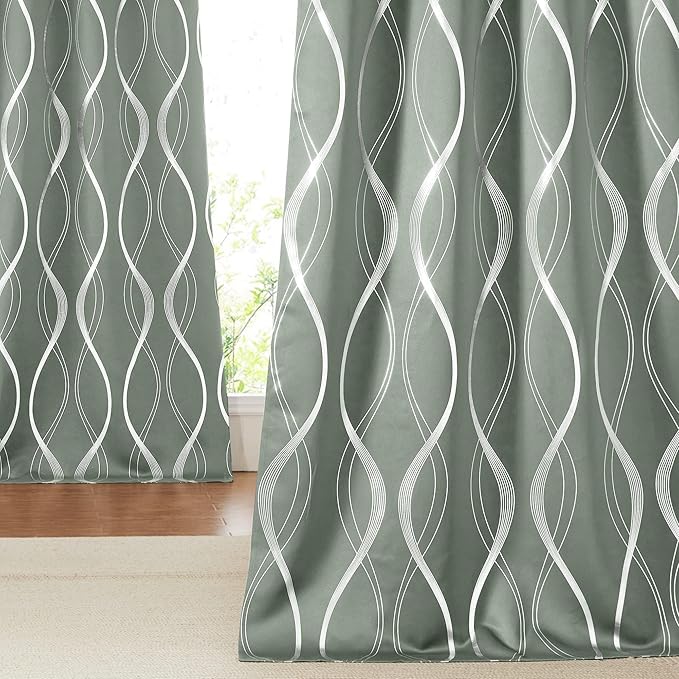 NICETOWN Greyish Green Curtain Panels for Vintage Bedroom, 52 x 84 inch, Thermal Insulated Wave Line Foil Print Design Drapes for Patio Sliding Glass Door Spring Home Decor, 2 Panels
