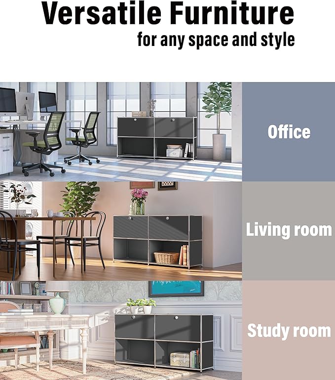 Metal Sideboard with 2 Flap Doors, DIY Modern Home Furnishing,Perfect for Home, Office, Kitchen, Hallway,Foyer Organization(Grey)