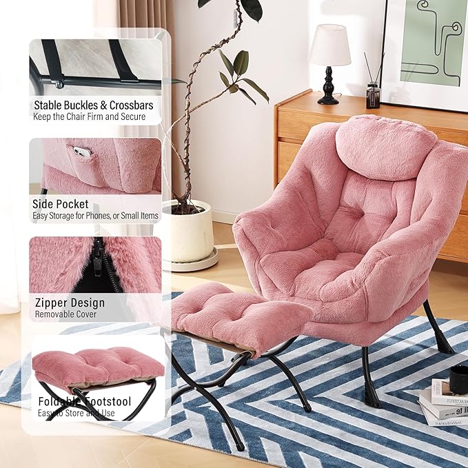 Lazy Chair with Ottoman, Modern Chair with Folding Footrest, Plush Dark Pink Accent Chair, Comfortable Reading Chair, Oversized Armchairs for Bedroom, Study, Living Room, Courtyard