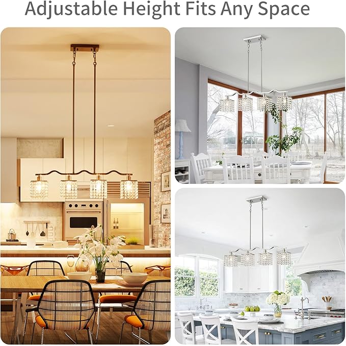 WUZUPS Crystal Chandelier 4-Light Linear Raindrop Pendant Ceiling Light Modern Lighting Fixture for Bedroom Dinning Room Bar Kitchen Island, H8.7'' W4.7'' L30.5, E12 Base, Nickel