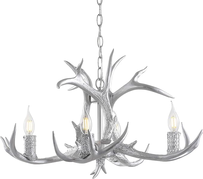 JONATHAN Y 26" Silver Rustic Resin Antler 4-Light LED Chandelier, Farmhouse Faux Deer Horn Hanging Ceiling Light for Dining Room, Kitchen Island, Adjustable Light Fixture (JYL6301C)