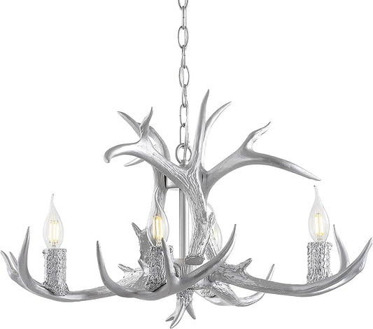 JONATHAN Y 26" Silver Rustic Resin Antler 4-Light LED Chandelier, Farmhouse Faux Deer Horn Hanging Ceiling Light for Dining Room, Kitchen Island, Adjustable Light Fixture (JYL6301C)