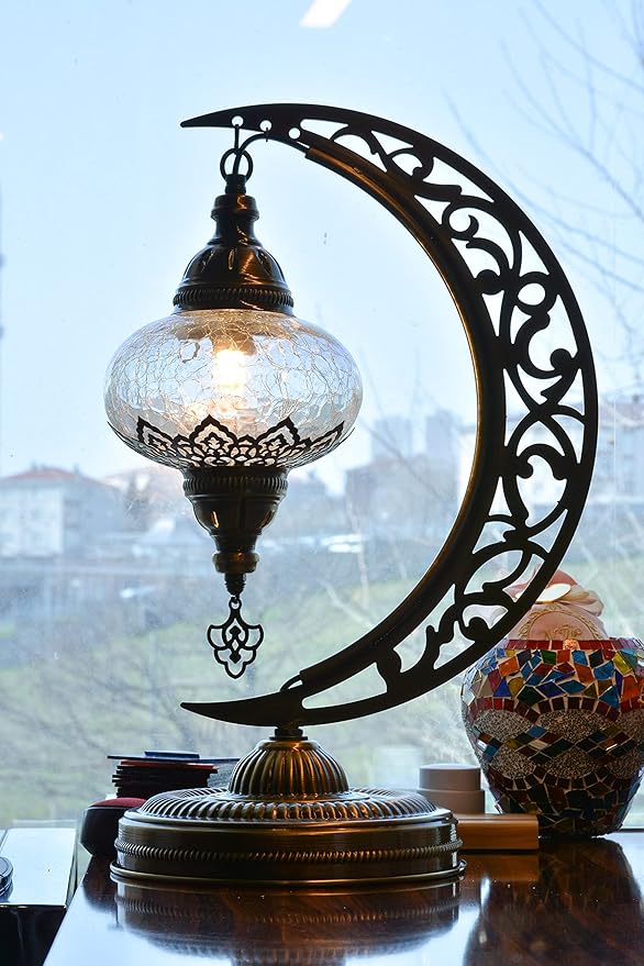 Mozaist Turkish Clear Glass Moon Shape Table Lamp, Vintage Moroccan Crescent Bohemian Desk Light, Rustic Living Room Antique Glam Home Decor Lighting, Luna Design Bedside Nightstand (Crack Clear)