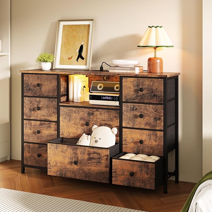 Dresser for Bedroom with 10 Drawers, Storage Organizer TV Stand for 55" TV with LED Lights and Sockets, Fabric Chest of Drawers with PU Finish for Kid Room, Living Room, Hallway, Brown