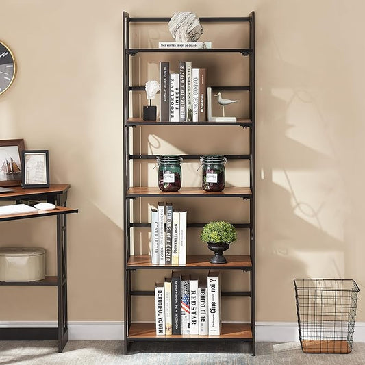 VECELO 5 Tier Bookshelf, Industrial Folding Bookcase with Metal Frames,Modern Standing Storage Rack Shelf Organizer for Home and Office,