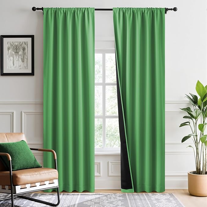 NICETOWN Forest Green 100% Blackout Curtain Panels, W52 x L84 inches Drop Rod Pocket Window Treatments with Black Liner for Nursery and Bedroom, Cold and Full Light Blocking Draperies, Set of 2