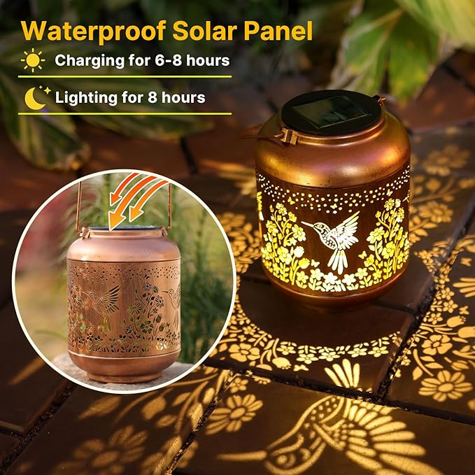 2Pack Hummingbird Solar Lanterns Outdoor Waterproof Birthday Gifts for Women Mom Grandma Metal Solar Decorative LED Lantern Outside for Garden Decor, Yard, Patio, Porch, Backyard, Pathway, Landscape