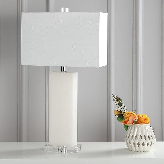 JONATHAN Y 27" White Alabaster and Crystal LED Table Lamp, Modern Glam Nightstand Lamp for Living Room Bedroom, White Linen Rectangle Shade, LED Bulb Included JYL2009A