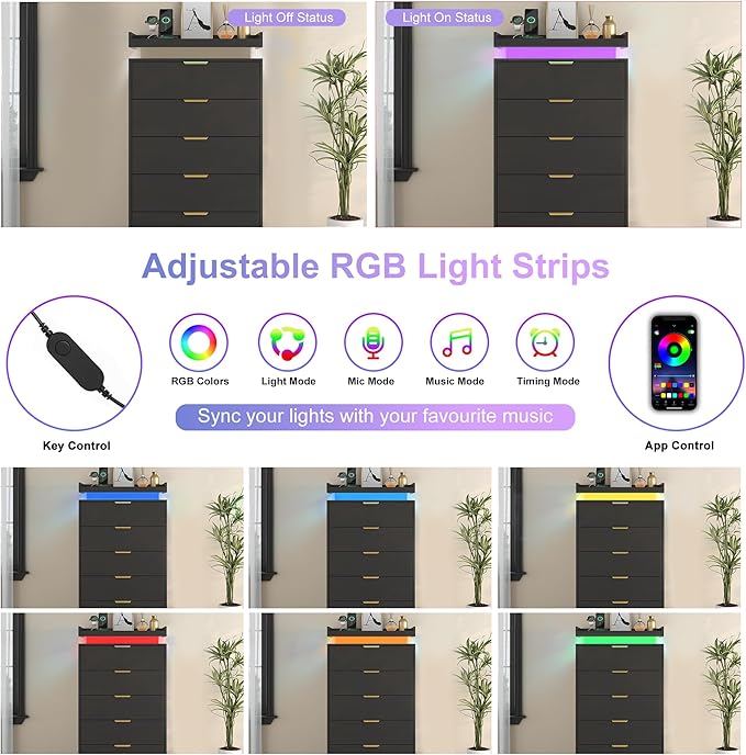 Tall Dresser for Bedroom, Black Dresser with LED Lights, Wood 5 Drawer Chest with Power Outlet, Modern Tall Chest of Drawers for Bedroom, Entryway, Hallway