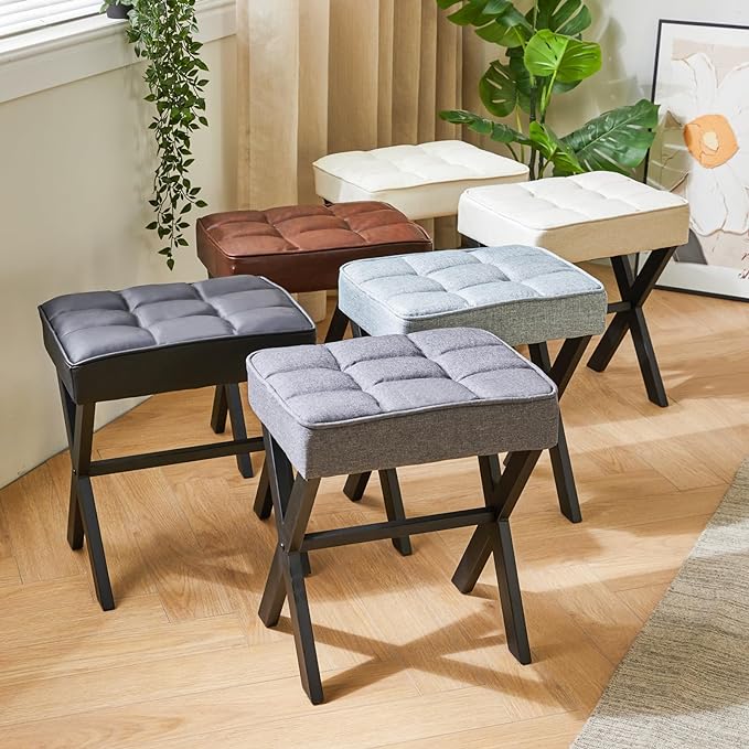 IBUYKE Square Makeup Stool with X-Leg Foot Rest, PU Footrest, Ottoman Seat Vanity Stool, Multi-Use as Small Side Table, for Bedroom, Living Room, Dark Brown LG-71Z
