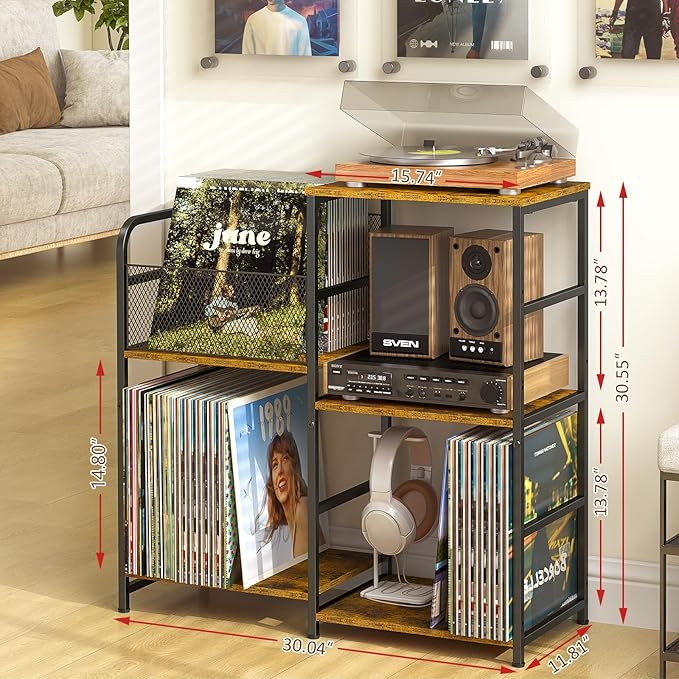 Record Player Stand, Turntable Stand with Vinyl Storage Holds up to 300+ Albums, Storage Cabinet for Vinyl Records, Record Player Table for Living Room