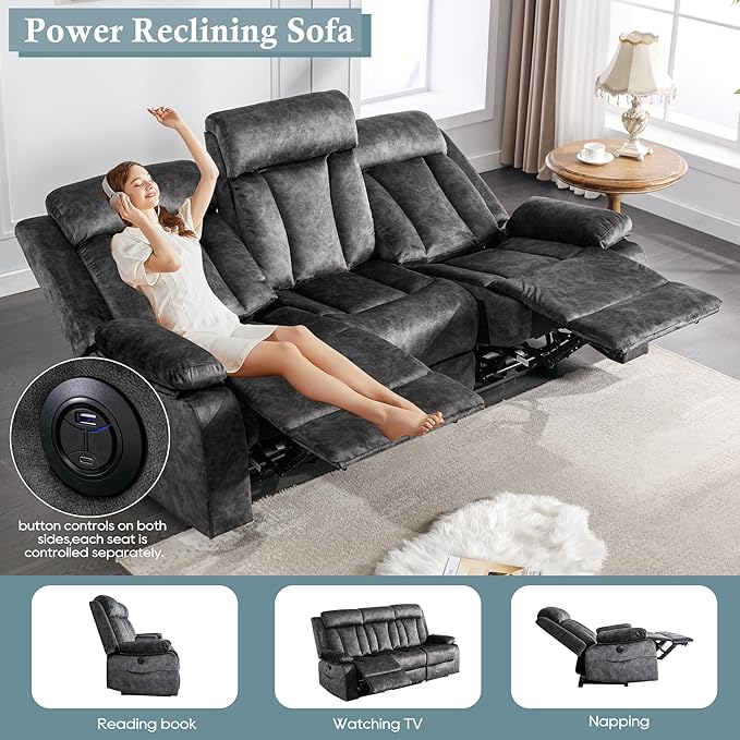 GUEAPY Power Reclining Sofa, 3-Seater Reclining Couch with Massage & Heat, Drop-Down Table, USB & Type-C Charging Ports, Cup Holders, Dutch Velvet, RV & Living Room Reclining Seating