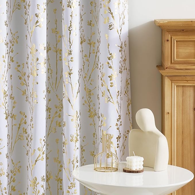 NICETOWN Gold Foil Printed Floral Curtains 100% Blackout, Grommet Branch Pattern Gold Foil Printed Window Treatments Thermal Drapes for Bedroom, Greyish White, W52 x L96, 2 Panels