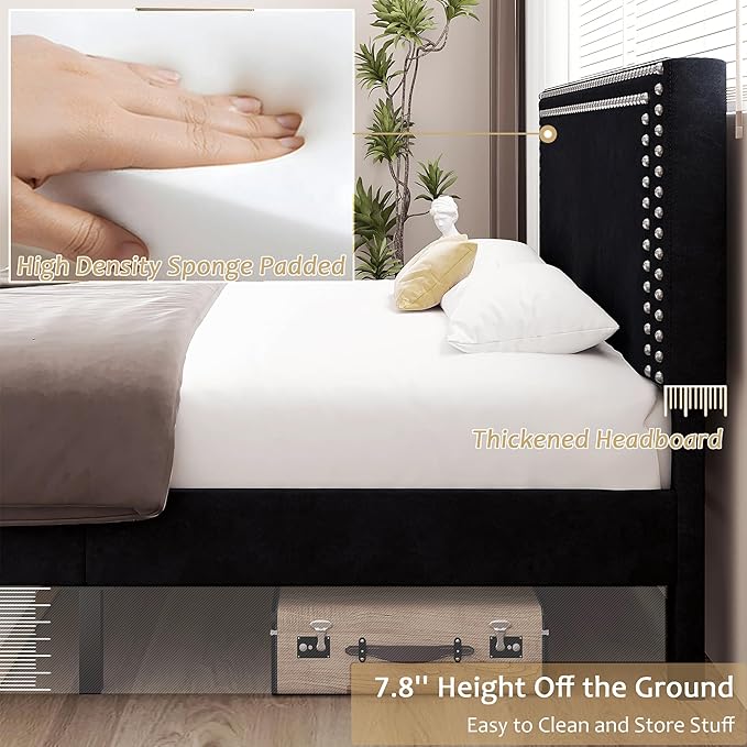 VECELO Full Size Bed Frame with Adjustable Upholstered Headboard, Wooden Slats Platform, Noise-Free Design, Easy Assembly