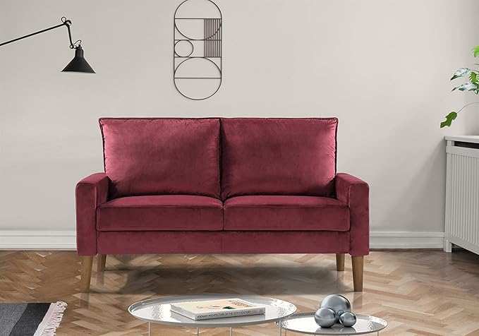 Container Furniture Direct Petit Mid Century Modern Velvet Loveseat for Small Spaces, Upholstered 2 Seater Couch for Living Room and Bedroom, Easy Assembly, Ruby